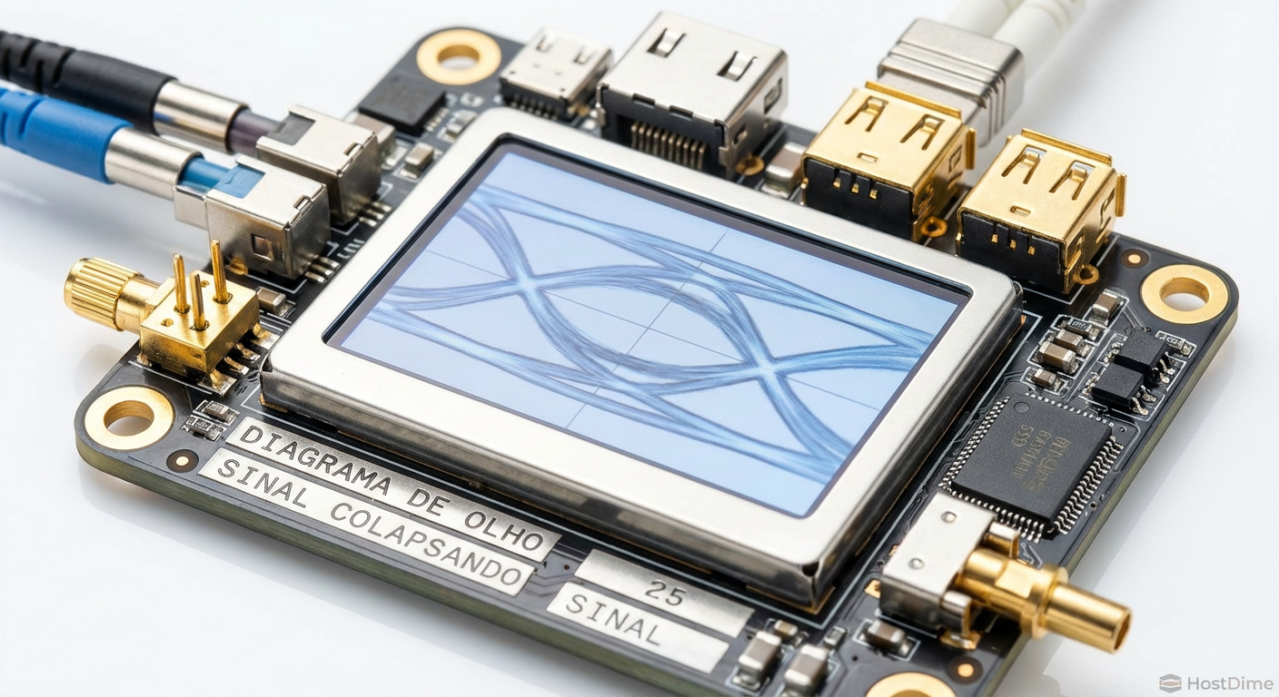 Visualização técnica de um diagrama de olho (eye diagram) do sinal PCIe 5.0 colapsando devido à perda de inserção e ruído.