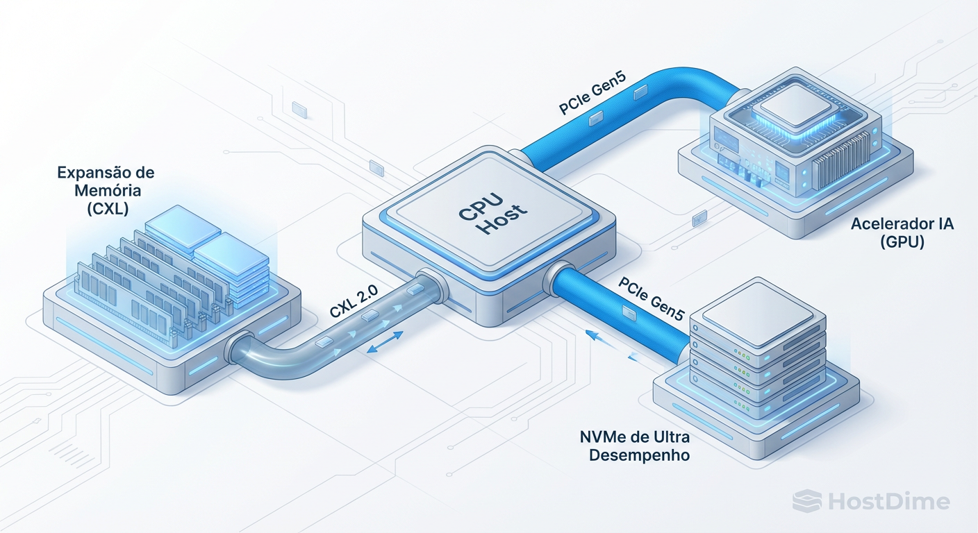 Fig. 2: Topologia moderna habilitada pelo Gen5, introduzindo o conceito de CXL para expansão de memória e coerência de cache.