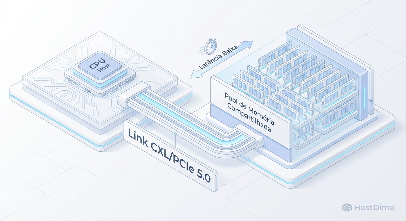Fig 2. O futuro da arquitetura 'Composable': Como o PCIe Gen5 habilita o protocolo CXL para desagregar a memória RAM.