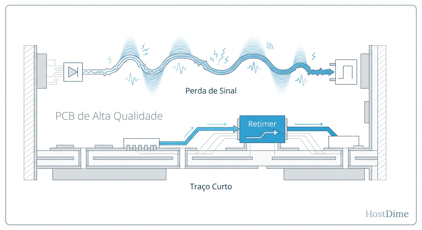 Fig 3. O custo oculto: A física da integridade de sinal no Gen5 exige traços mais curtos e uso intensivo de retimers, elevando o custo da placa-mãe.