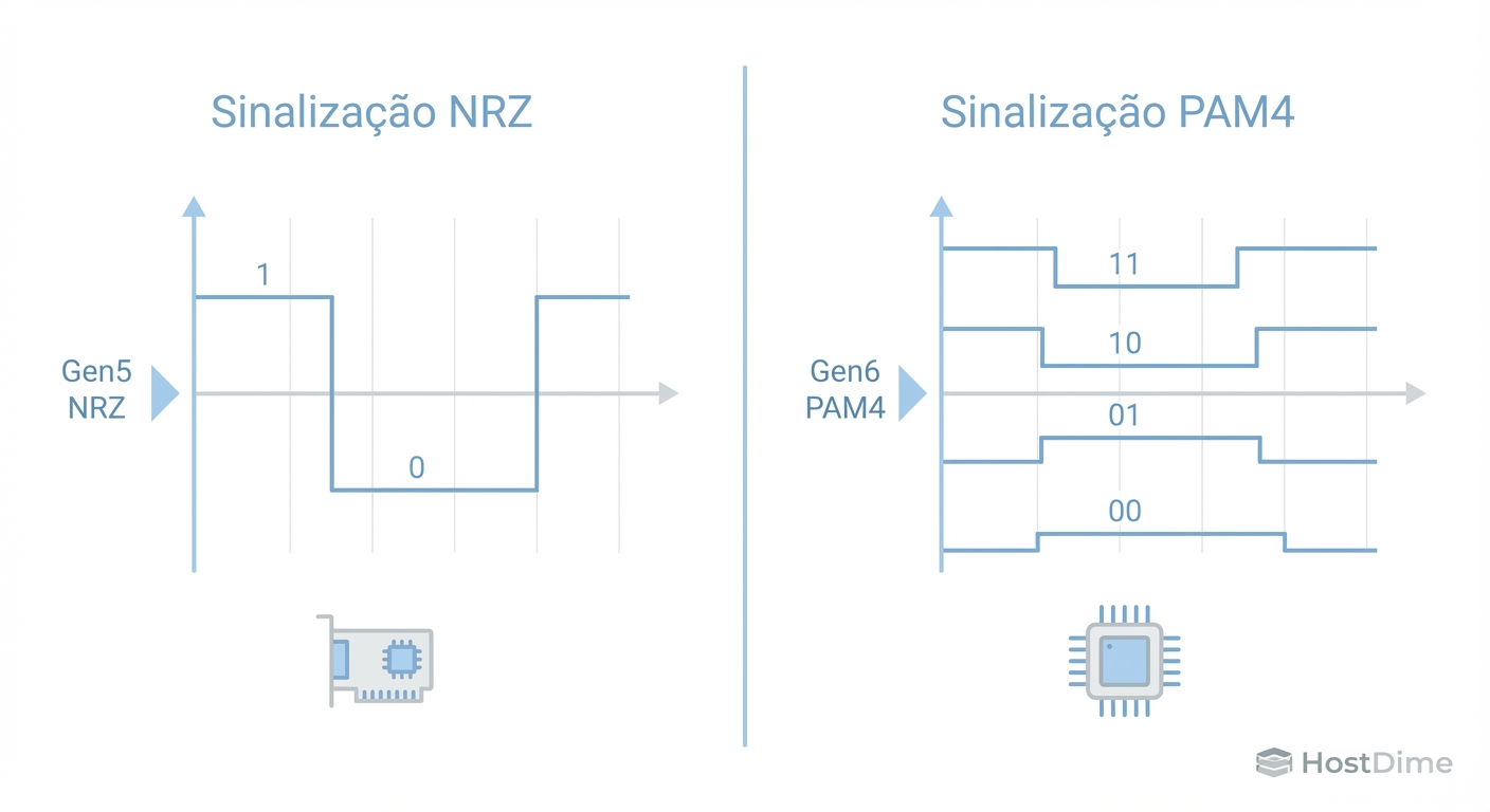 Fig. 1: A troca da simplicidade do NRZ pela densidade do PAM4 é o segredo para dobrar a largura de banda, mas exige controladores muito mais robustos.
