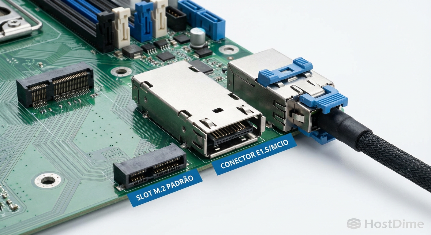 Fig. 3: O gargalo físico. O conector M.2 tradicional luta para manter a integridade do sinal em 64 GT/s, abrindo espaço para o padrão EDSFF.