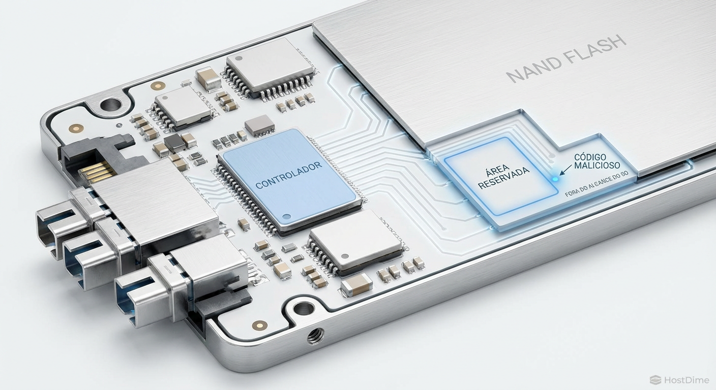 Diagrama esquemático da arquitetura interna de um SSD, destacando onde o código malicioso se esconde na área reservada da NAND, fora do alcance do Sistema Operacional.