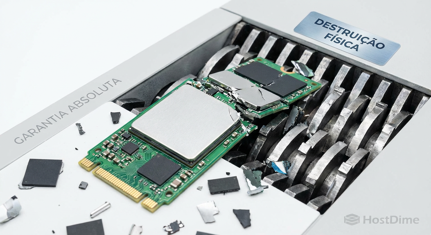 Fotografia macro de um SSD NVMe sendo destruído fisicamente por um triturador industrial, a única garantia absoluta de remoção de malware de firmware.
