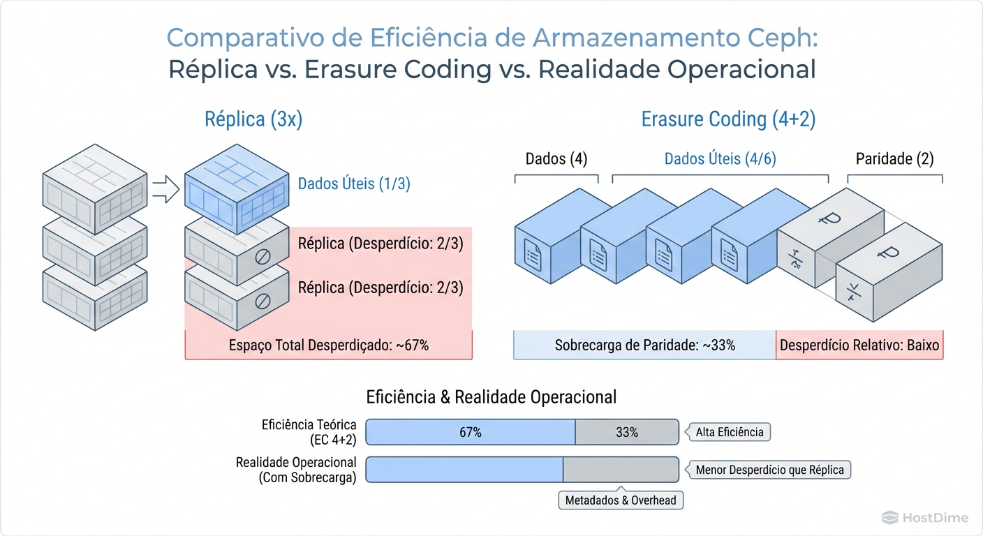 Comparativo de Eficiência de Armazenamento Ceph: Réplica vs. Erasure Coding vs. Realidade Operacional