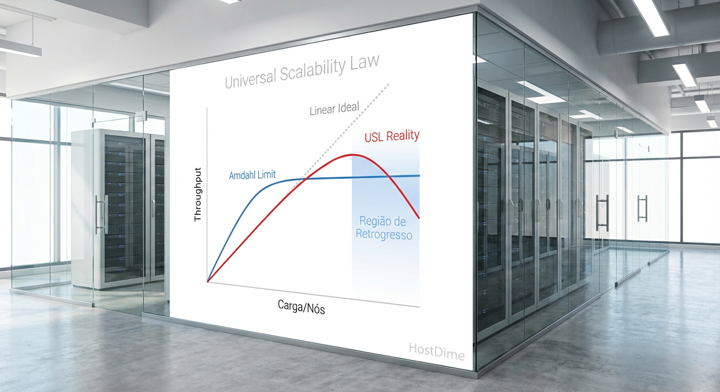 Fig. 1: A Lei Universal da Escalabilidade (USL) demonstra onde a adição de hardware degrada a performance devido à coerência.