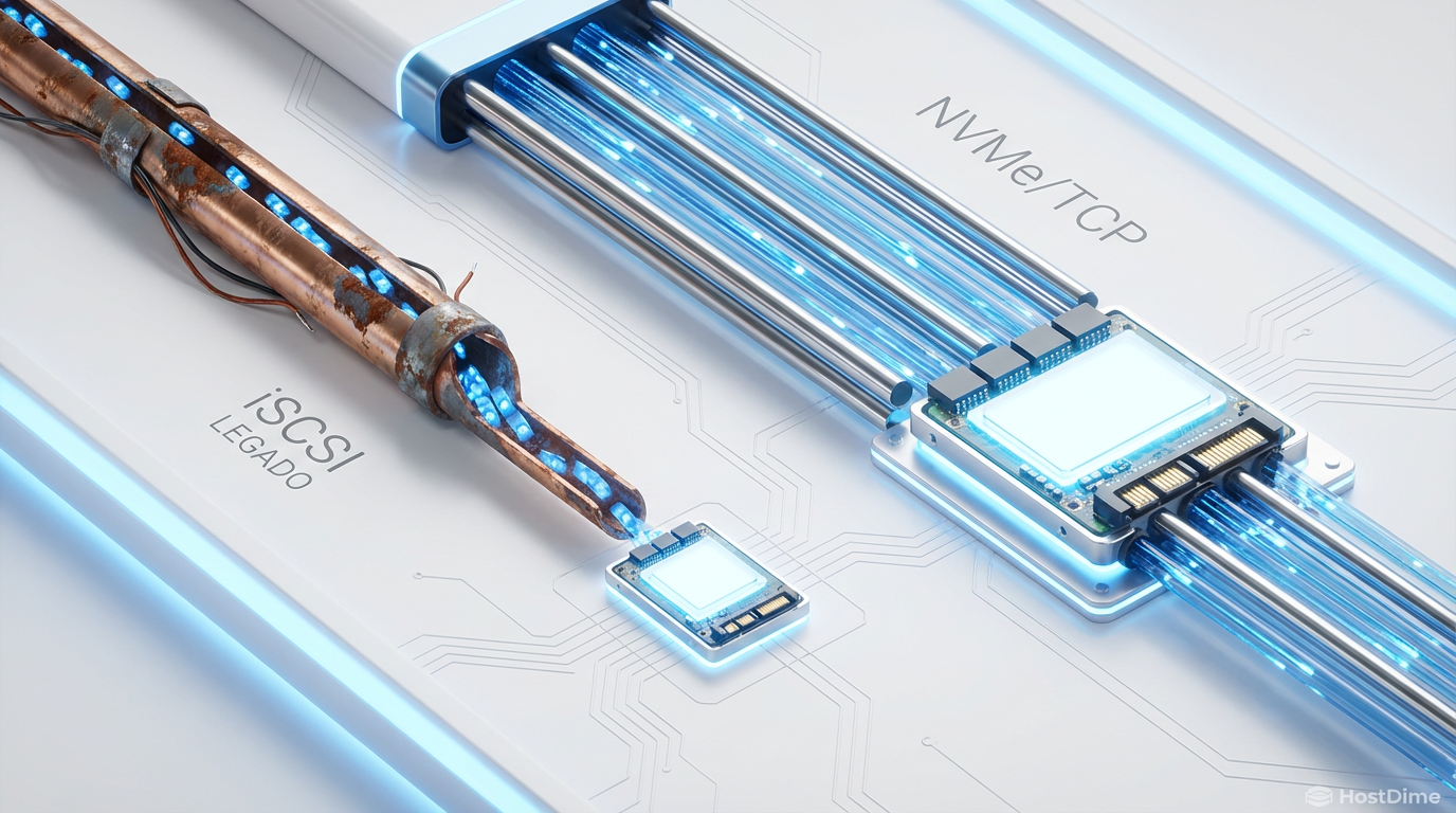 Comparação visual: O engarrafamento serial do iSCSI versus o paralelismo massivo do NVMe.
