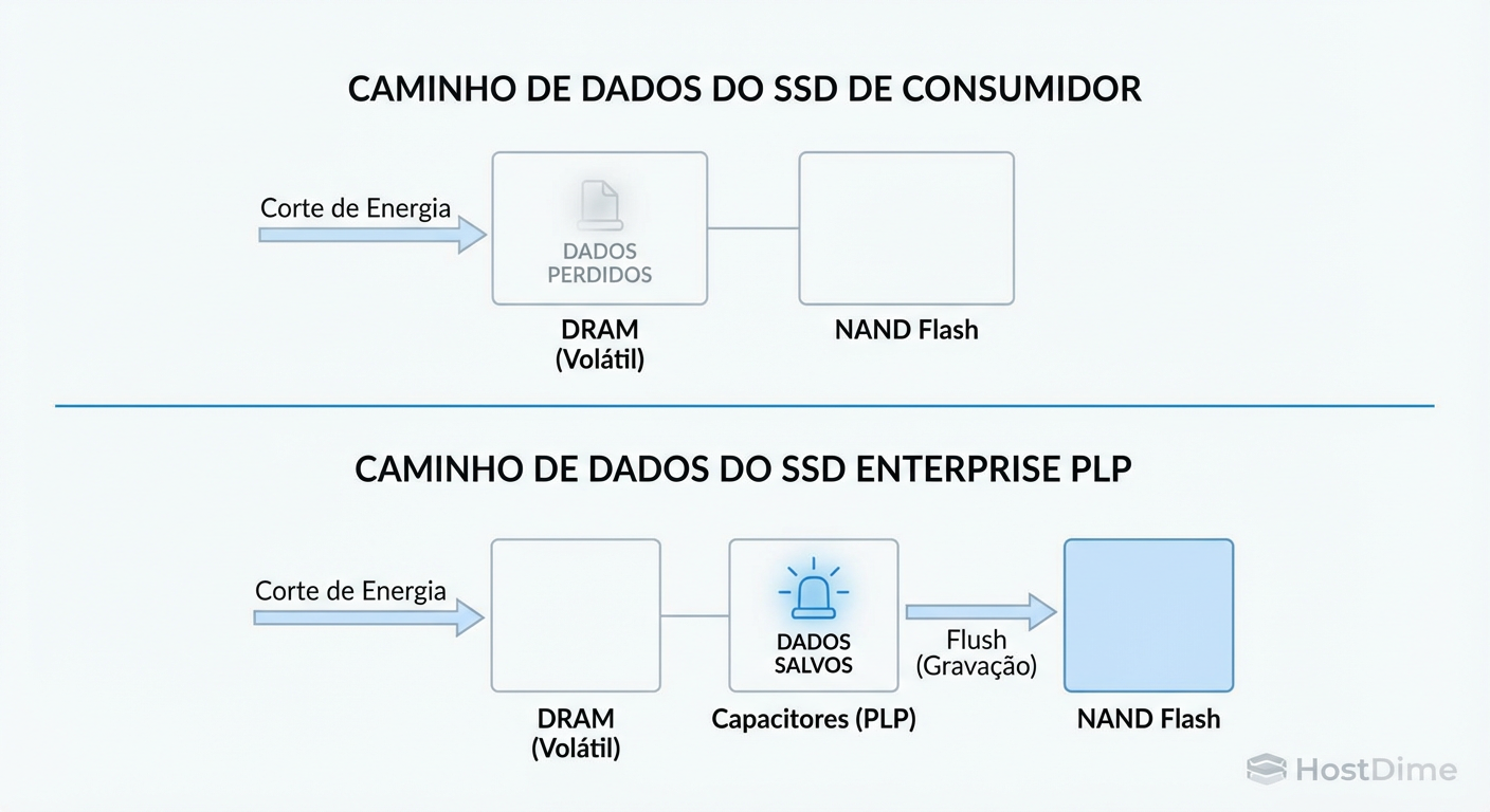 Fluxo de Dados em Falha de Energia: A diferença crítica entre perder o buffer DRAM (Consumer) e salvar os dados na NAND (Enterprise PLP).