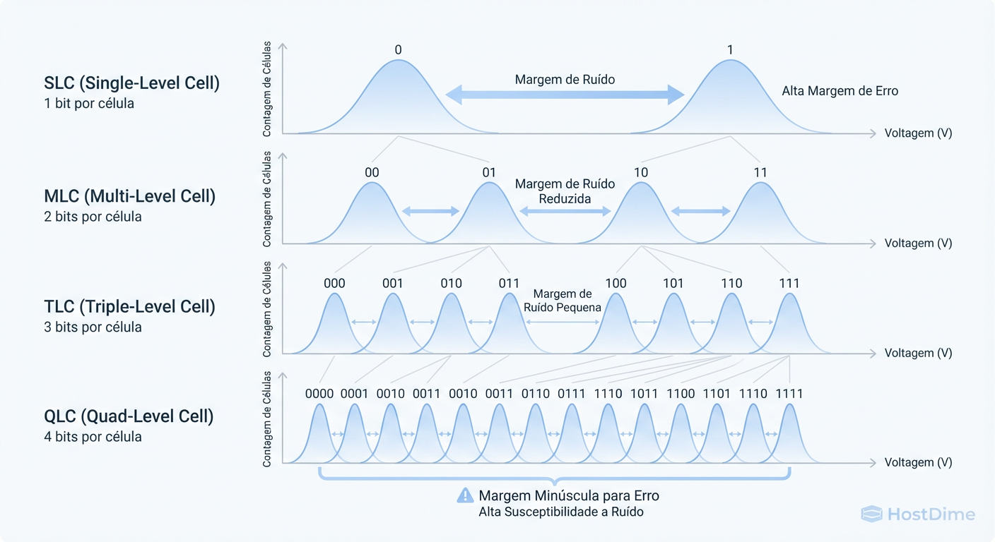 Figura 1: A redução drástica da margem de ruído (Noise Margin) do SLC para o QLC. Menos espaço para erro significa maior suscetibilidade a Bit Rot.