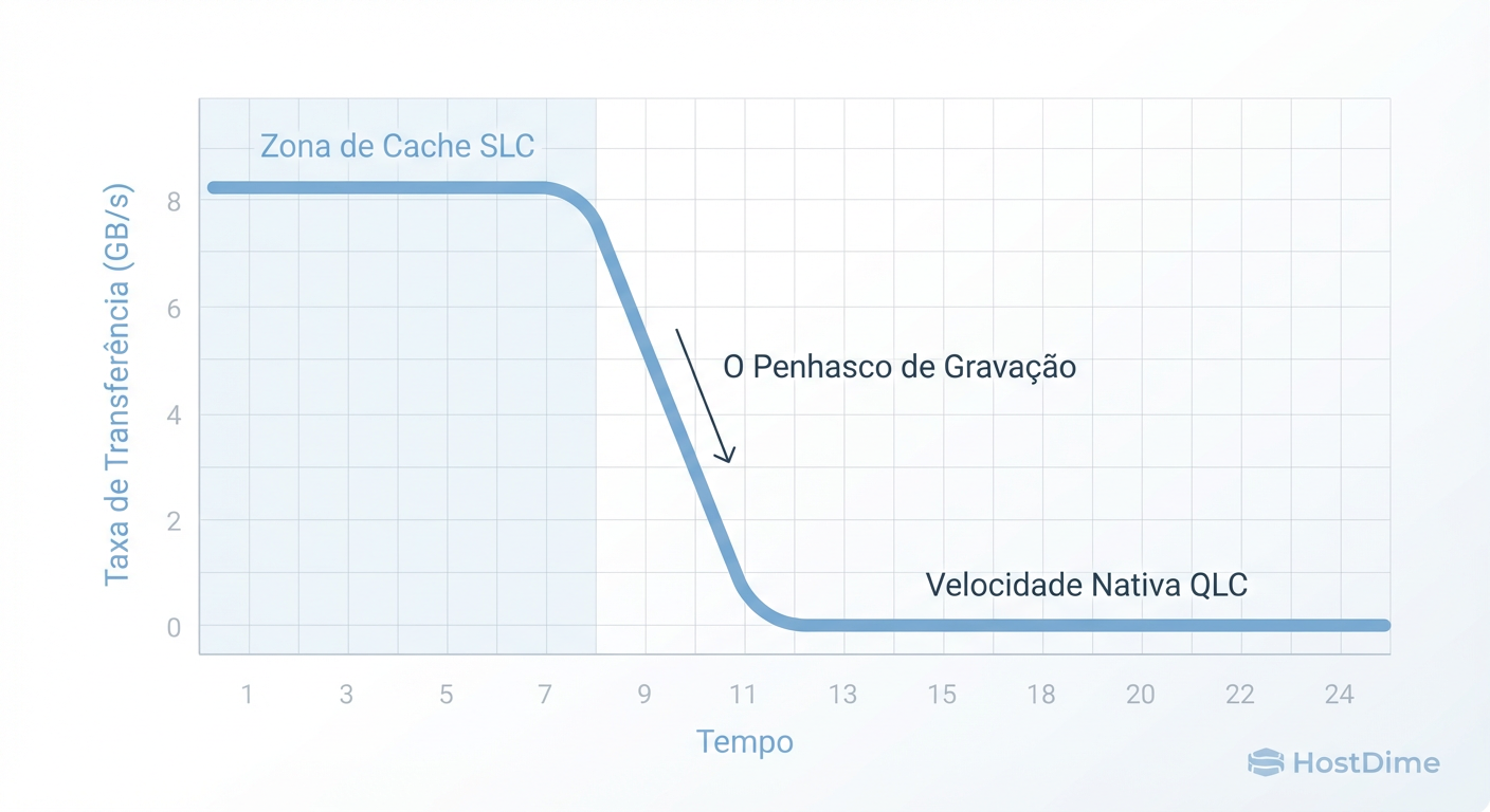O 'Write Cliff' em ação: O momento exato em que seu SSD NVMe se torna mais lento que um Pen Drive.