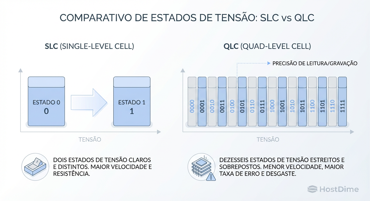 SLC vs QLC: A complexidade de gerenciar 16 estados de voltagem explica a latência e o desgaste do QLC.