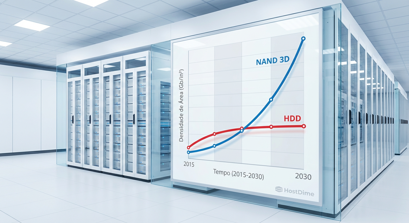 Divergência de Densidade: Enquanto a tecnologia magnética luta contra o limite superparamagnético, a NAND escala verticalmente.