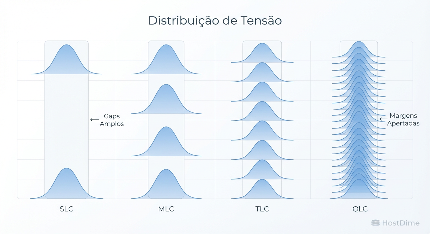 Comparativo de distribuição de voltagem: Note a margem de erro minúscula entre os estados no QLC, exigindo maior precisão e tempo do controlador.