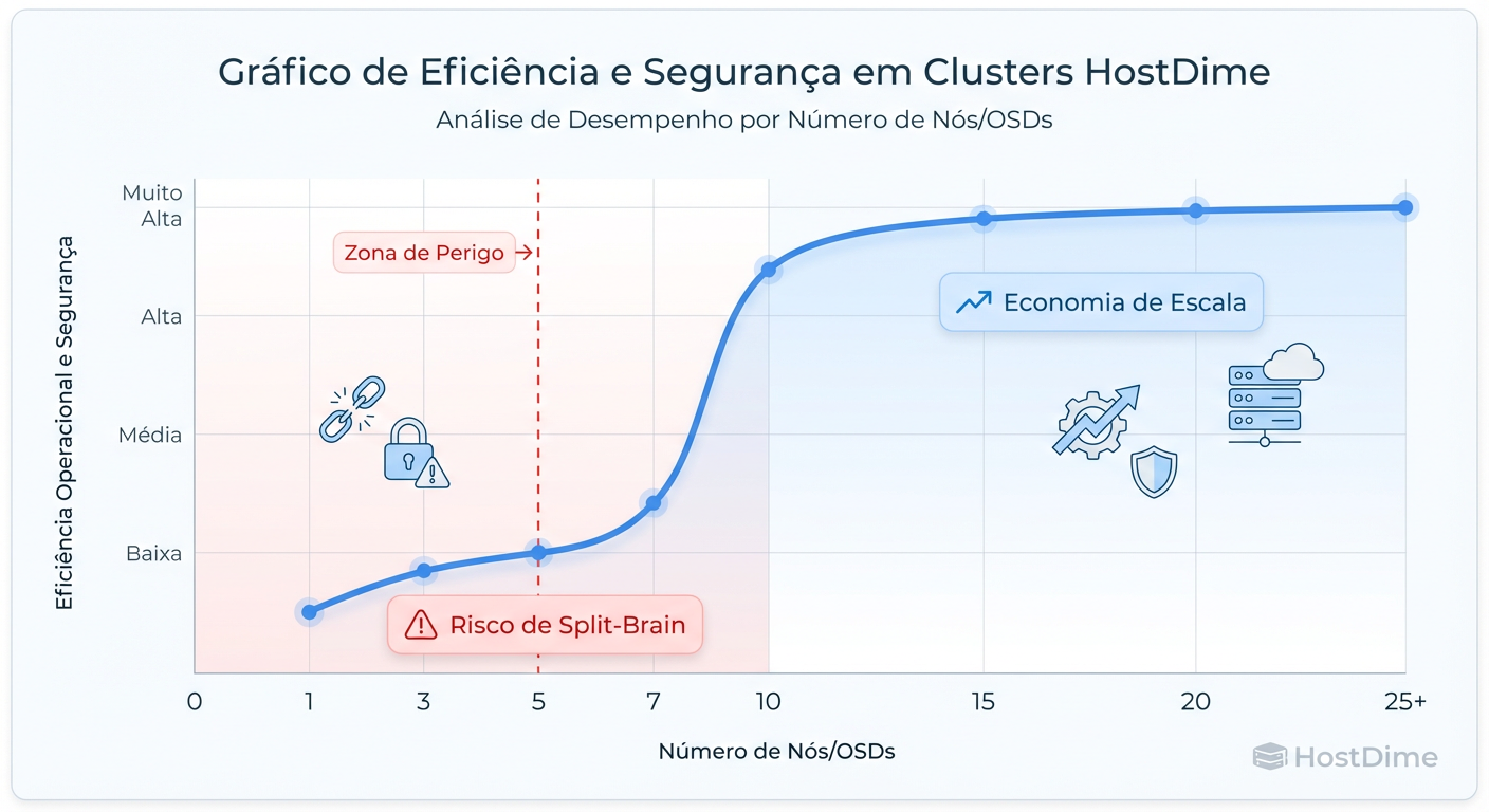 A Curva de Eficiência do Ceph: Clusters pequenos pagam todo o imposto de complexidade sem colher os benefícios de resiliência e performance.