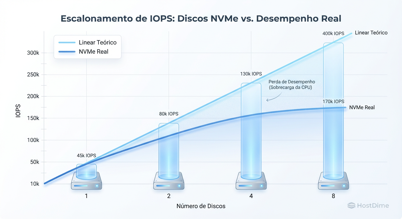 Curva de Retornos Decrescentes: A discrepância entre a multiplicação teórica e a realidade limitada por overhead de kernel e latência de interconexão.