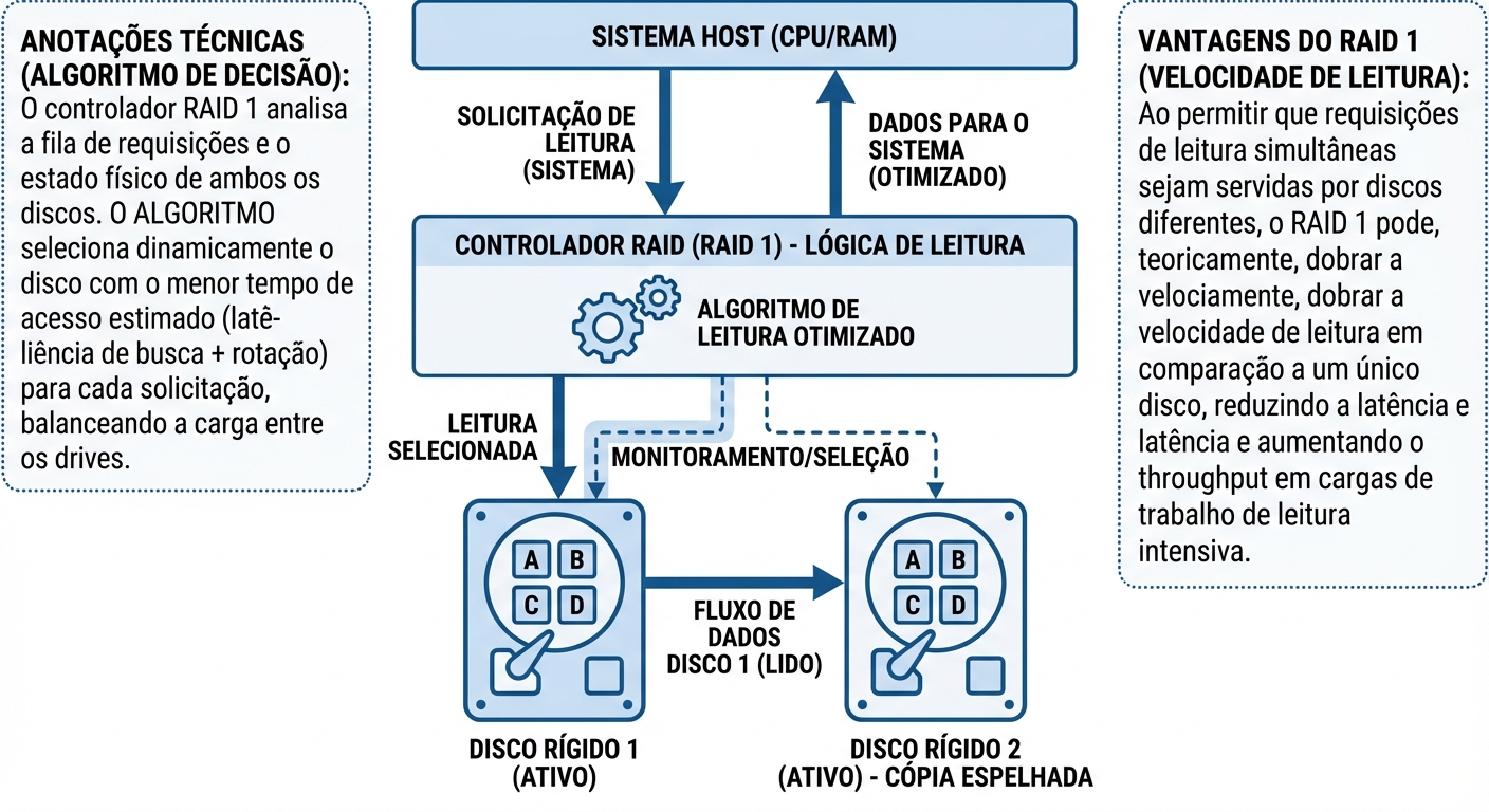 Imagem de capa (Hero) para um artigo sobre RAID 1. A imagem deve representar o espelhamento de dados entre dois discos rígidos, com destaque para a velocidade e eficiência da leitura. Use um estilo visual moderno e técnico, com elementos que sugiram transferência de dados e redundância. O fundo deve ser escuro (dark mode), com linhas e formas geométricas que representem os discos e o fluxo de dados.