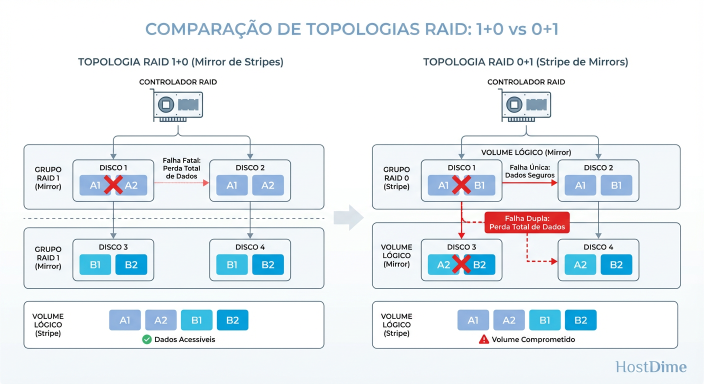 Topologia RAID 1+0 vs 0+1: No 1+0 (esquerda), a perda de um disco afeta apenas um espelho. No 0+1 (direita), a perda de um disco compromete todo um lado do stripe.