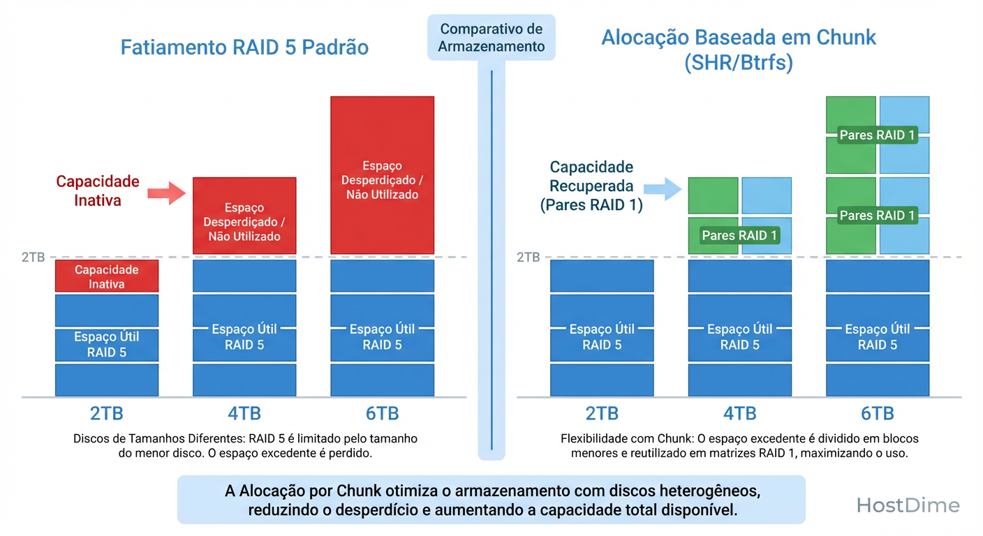 RAID 5 Clássico vs. Alocação Híbrida: Onde o espaço vai parar.