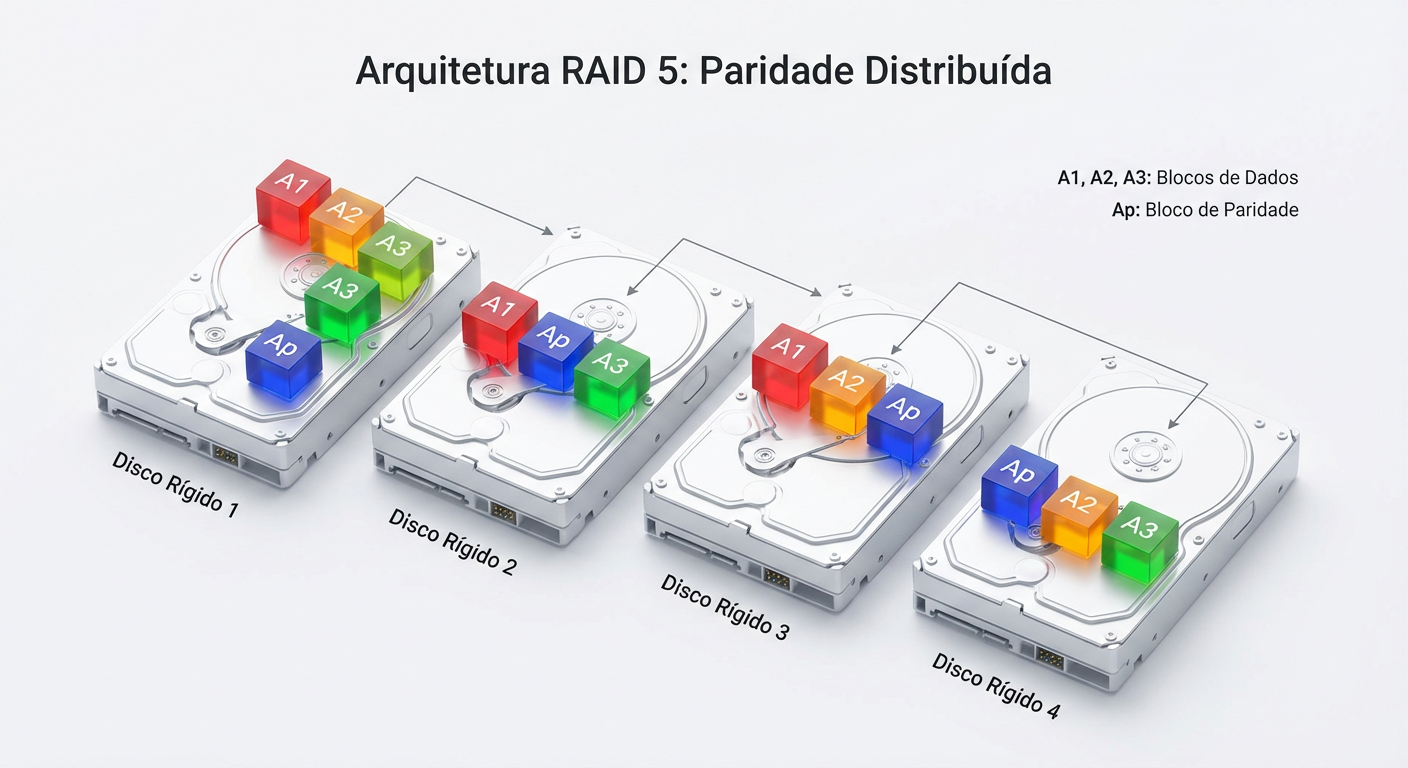 Esquema de paridade distribuída: a segurança não está em um disco dedicado, mas em todos.