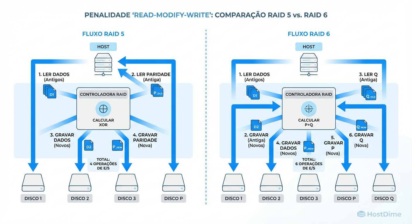 O Ciclo Read-Modify-Write: A penalidade de I/O oculta em escritas parciais (sub-stripe).