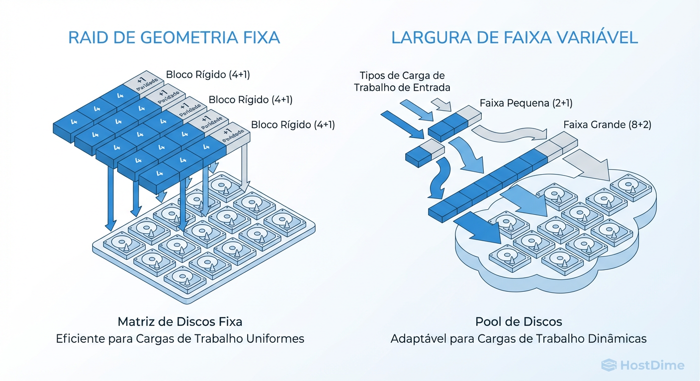 Comparativo visual: A rigidez do RAID tradicional versus a fluidez da largura de faixa variável no RAID Adaptativo.