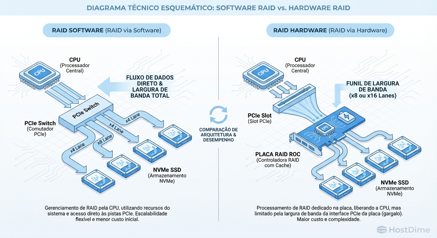 O Gargalo do Barramento: Comparação de fluxo de dados entre Software RAID direto e Hardware RAID Tri-Mode.