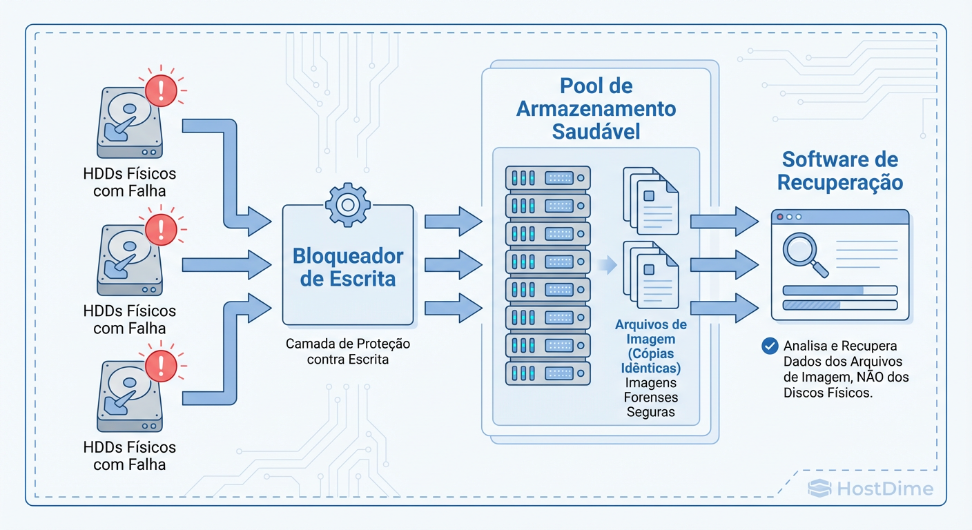 Fluxo de Recuperação Seguro: O princípio fundamental é nunca trabalhar nos discos originais danificados, mas sim em clones ou imagens.