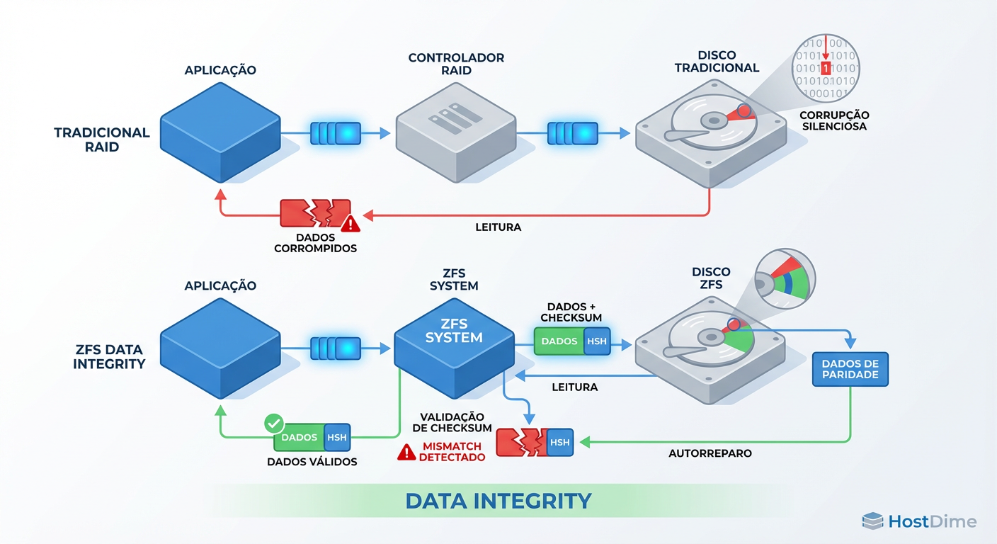 A Paranóia Necessária: O ciclo de leitura do ZFS não confia no disco. Ele confia na matemática (checksum) para validar cada bloco lido.