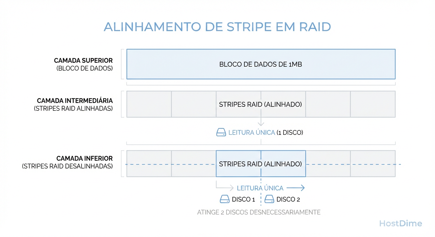 O impacto do desalinhamento de Stripe: Se seu chunk de leitura cruza a fronteira do disco, você dobra o trabalho mecânico/elétrico para o mesmo dado.