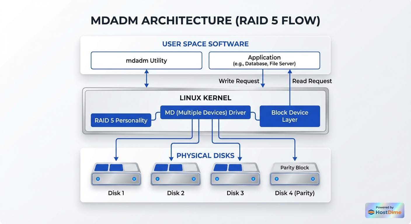 Arquitetura do mdadm, mostrando a interação entre software, kernel e discos.