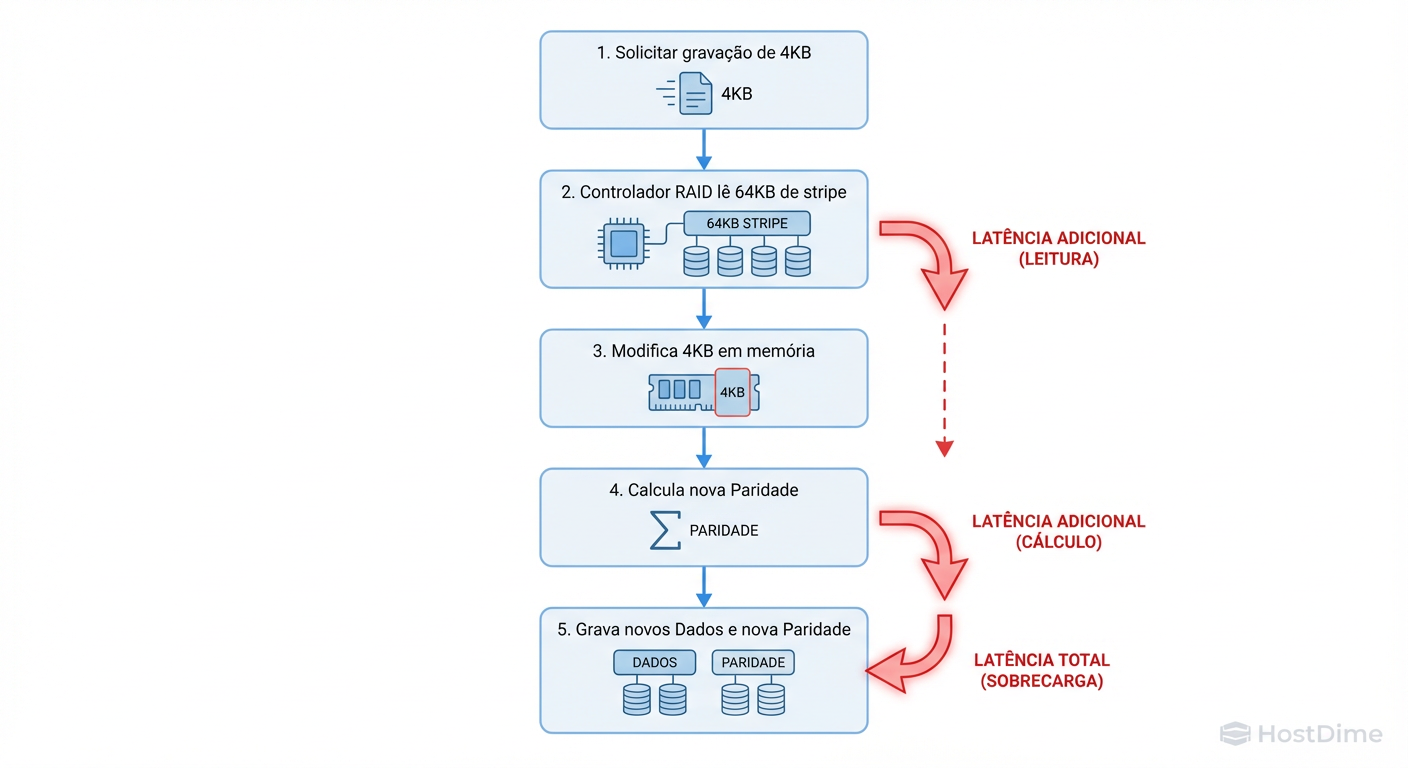 O ciclo da morte de performance: Como escritas parciais (Sub-Stripe Writes) geram latência excessiva via Read-Modify-Write.