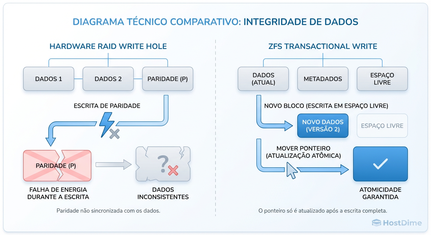 O 'Write Hole' no RAID tradicional vs. a transação atômica do ZFS: Por que o Copy-on-Write elimina a corrupção por falha de energia.