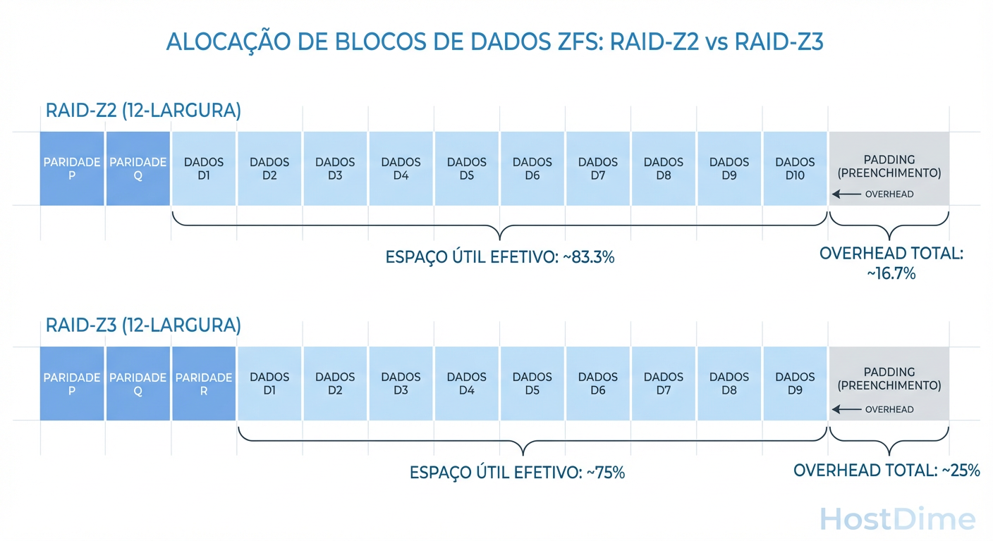 Eficiência de Armazenamento ZFS: Comparação visual do overhead de paridade e padding entre layouts Z2 e Z3 em VDEVs largos.