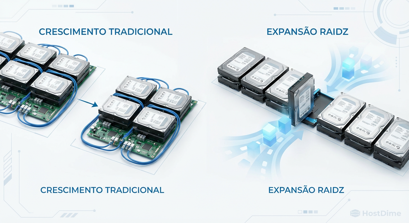 Comparativo visual: O método tradicional de adicionar vdevs inteiros versus a nova capacidade de inserir um único disco na estrutura existente.