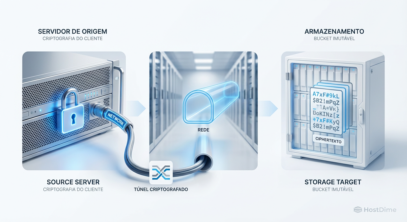 Fig. 3: Arquitetura de Defesa em Profundidade: Criptografia na origem garantindo que a exfiltração resulte apenas em dados ilegíveis.