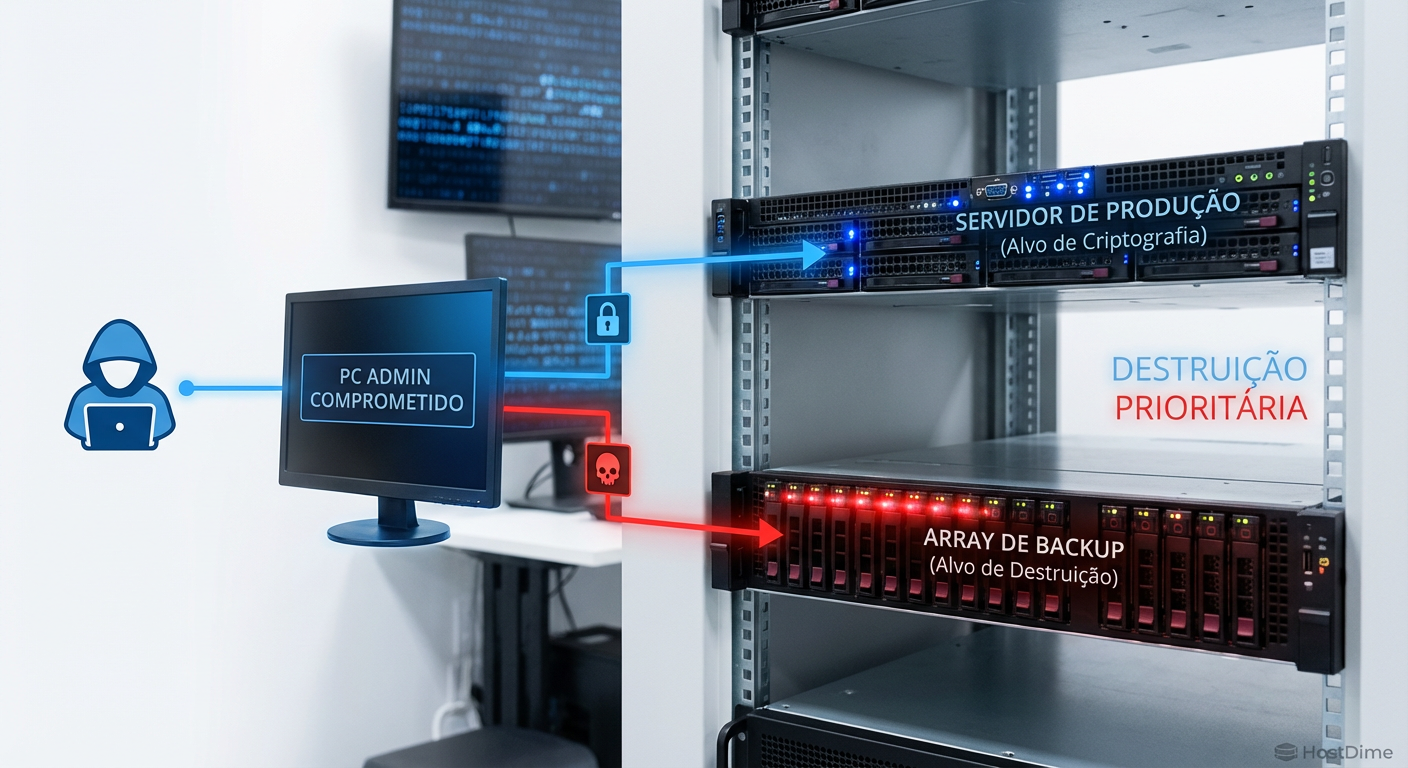 Diagrama da cadeia de abate (kill chain) moderna: a destruição do storage de backup precede a criptografia da produção.