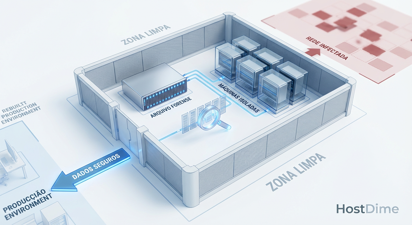 Esquema de arquitetura de uma Clean Room: isolamento total para análise forense antes do retorno à produção.