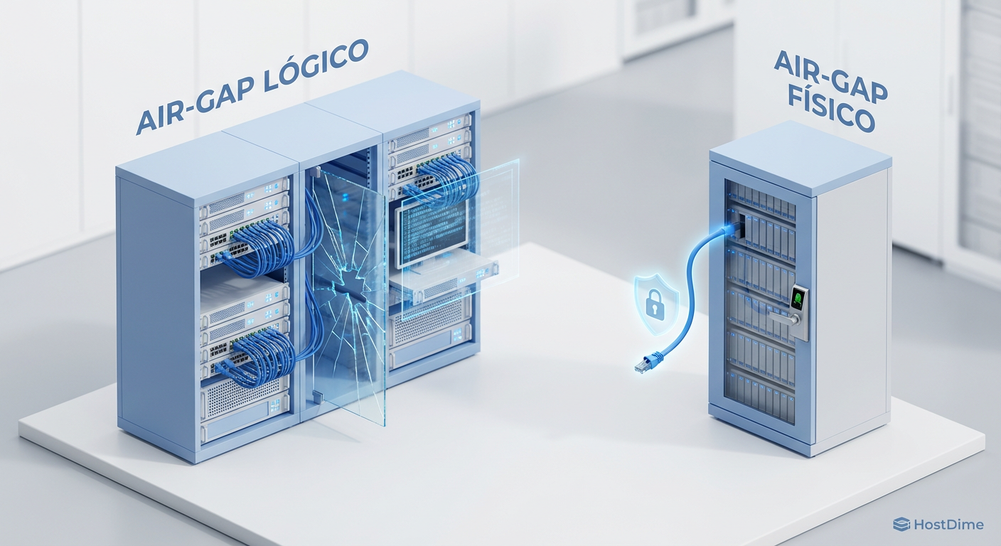 Visualização da fragilidade do Air-Gap Lógico em redes convergentes versus a segurança do isolamento físico real.