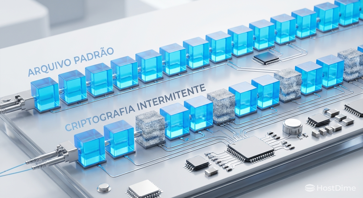 Comparação visual entre um arquivo íntegro e um submetido à criptografia intermitente, destacando o padrão de salto (skip-step) nos blocos de dados.