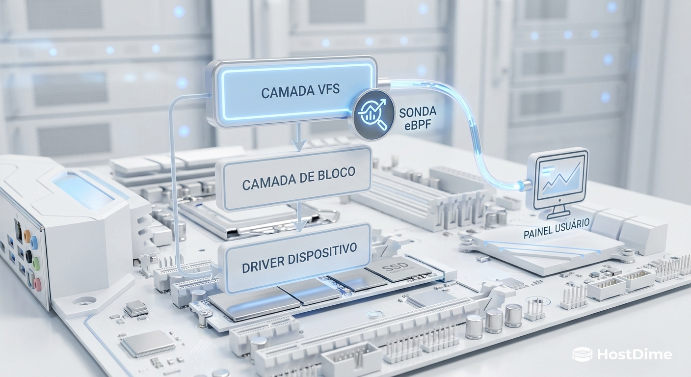 Fluxo da pilha de I/O do Linux demonstrando onde sondas eBPF podem ser inseridas (camada VFS) para extrair métricas de entropia sem interromper o fluxo de dados para o disco.