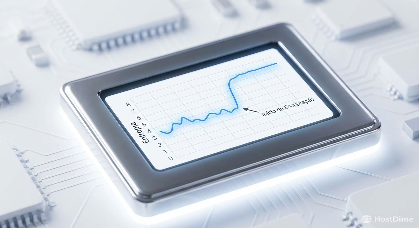 Gráfico de entropia de Shannon em um fluxo de gravação: dados normais oscilam entre 3 e 5, enquanto blocos criptografados atingem um platô próximo a 8.0.