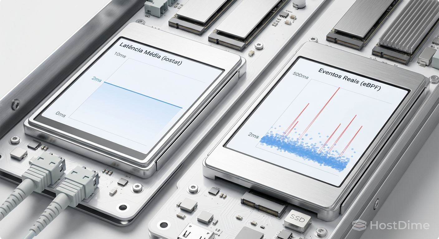 Comparativo visual: A ilusão da média estável versus a realidade caótica dos picos de latência revelada por histogramas.