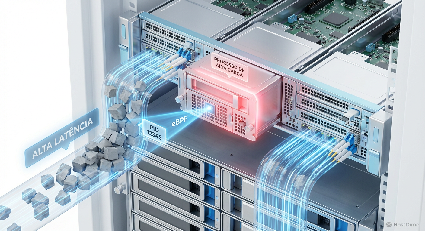 Diagnóstico preciso: O eBPF atua como um scanner de raio-x, identificando qual processo específico está entupindo o fluxo de dados em um ambiente compartilhado.