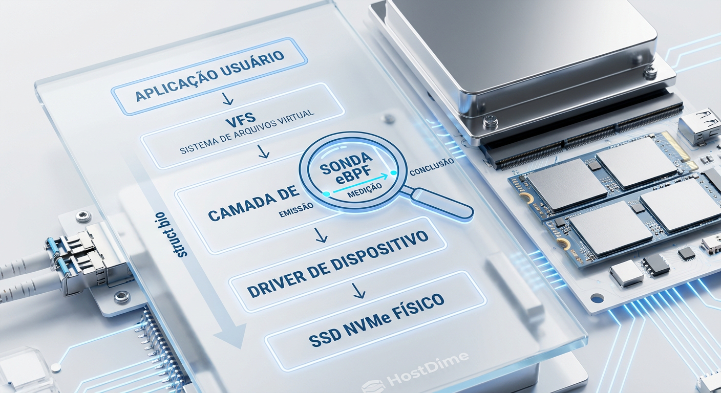 O caminho do dado: Onde o eBPF intercepta a struct bio para medir a latência real do dispositivo, ignorando a latência do sistema de arquivos.
