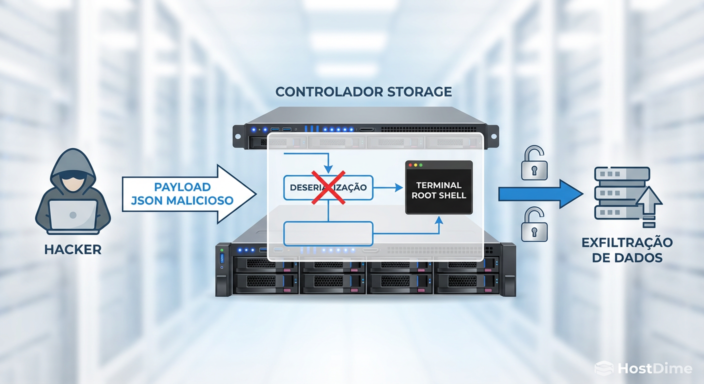 Fluxo de execução da vulnerabilidade React2Shell: da injeção do objeto serializado à obtenção de shell root no controlador do array.