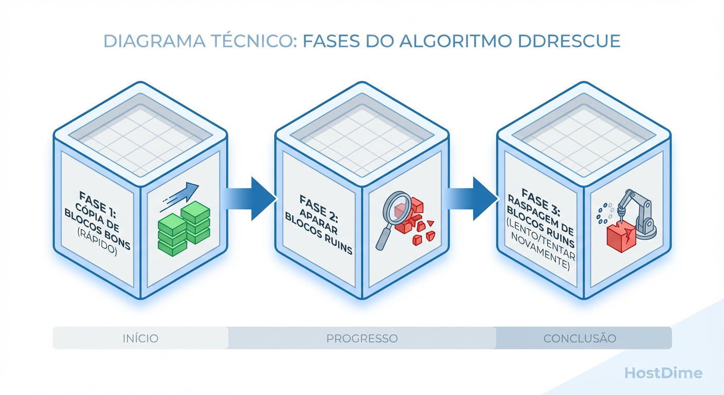 Fluxo de operação do ddrescue: Priorizando dados saudáveis antes de estressar setores danificados.