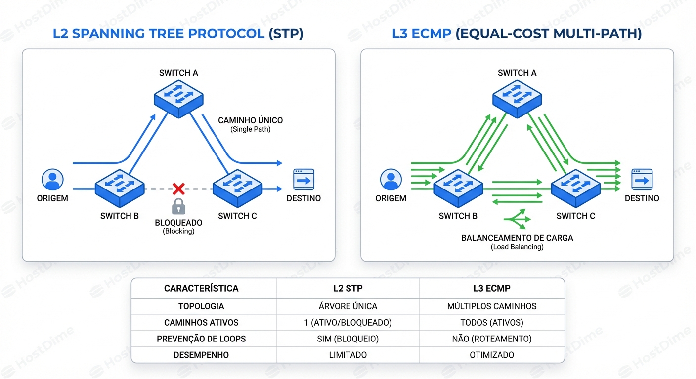O gargalo do STP (esquerda) bloqueia links redundantes, desperdiçando banda. O L3 ECMP (direita) utiliza todas as rotas físicas simultaneamente para tráfego de storage.