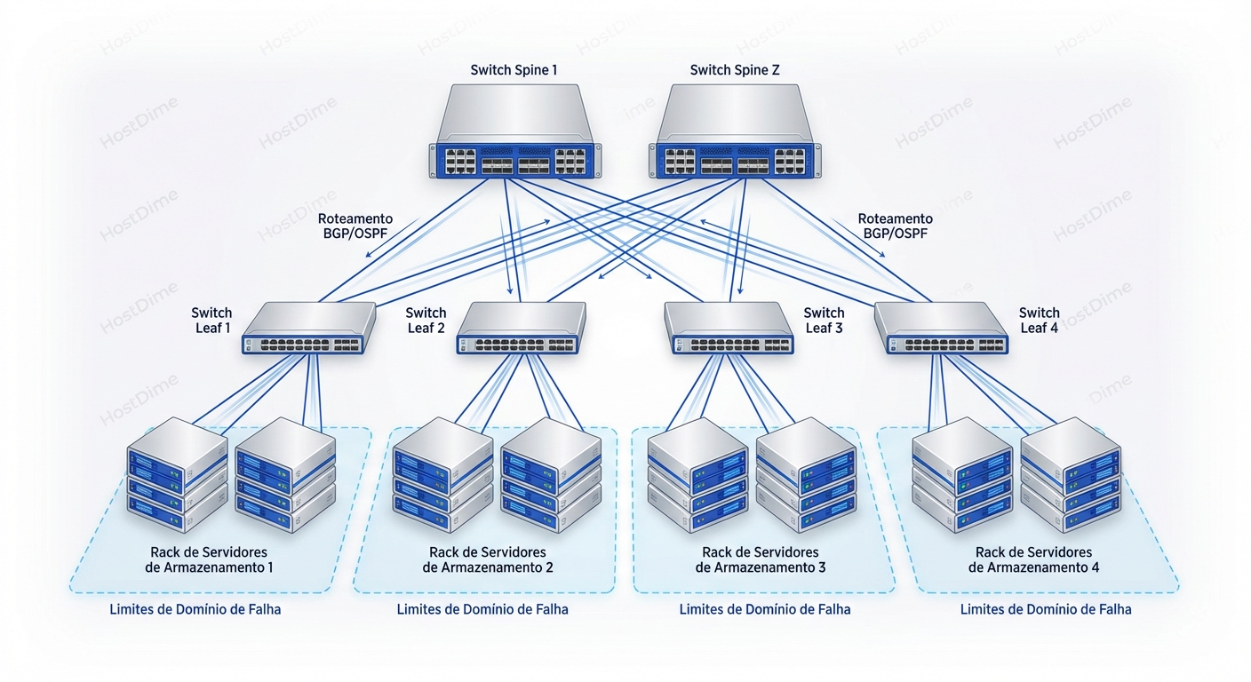 Arquitetura L3 Leaf-Spine: O roteamento no Top-of-Rack (ToR) confina os domínios de broadcast e falha a um único rack, aumentando a estabilidade do cluster.
