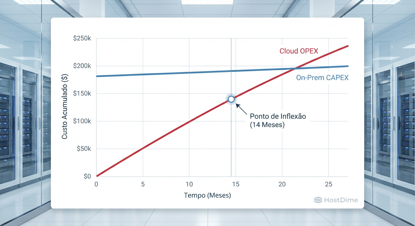 Fig 1. O 'Ponto de Inflexão' onde o CAPEX inicial do hardware supera o custo recorrente do OPEX na nuvem.