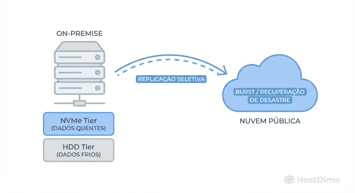 Fig 2. Arquitetura de armazenamento híbrida: mantendo a 'gravidade dos dados' localmente enquanto usa a nuvem apenas para elasticidade.
